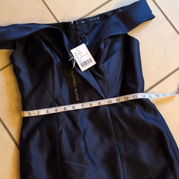 NWT Alfred Sung Off-The-shoulder Cuff Trumpet Gown Slit Midnight Navy Blue 6 - Picture 10 of 13
